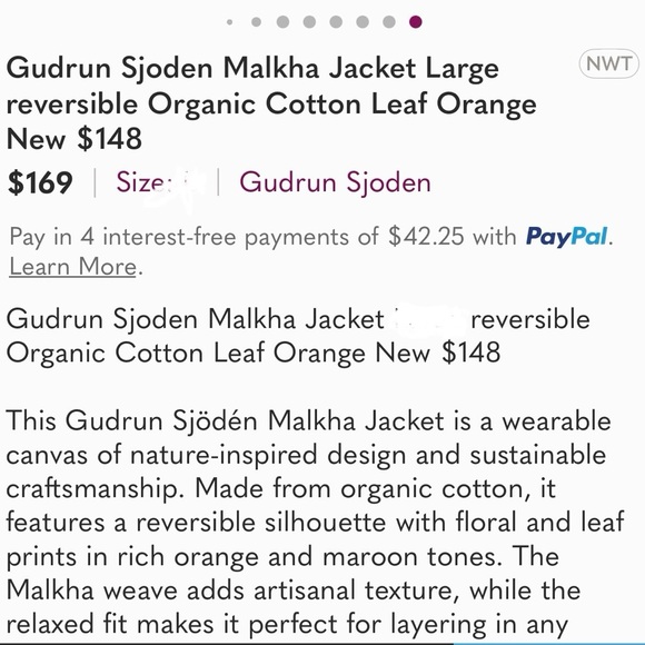 NWT Gudrun Sjoden Jacket quilted floral reversible organic cotton orange rust XL - Picture 11 of 11